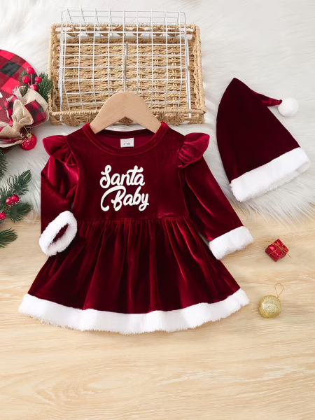 Fustan velvet festiv Santa Baby me kapuc velvet vishnje