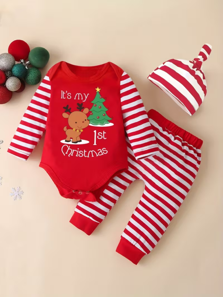 Set me tre pjese festive body tuta dhe kapuc My First Christmas